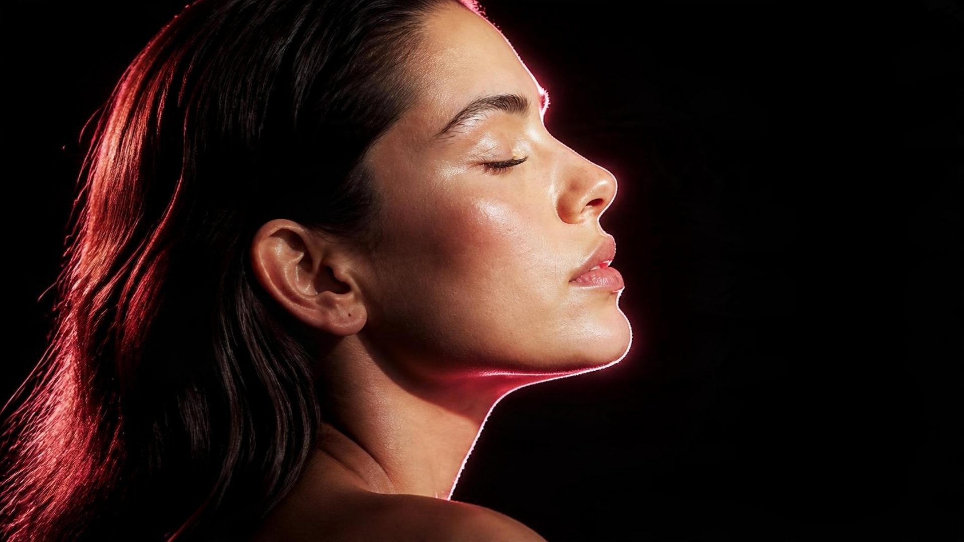 Model in profile with soft rose-pink light against a dark background