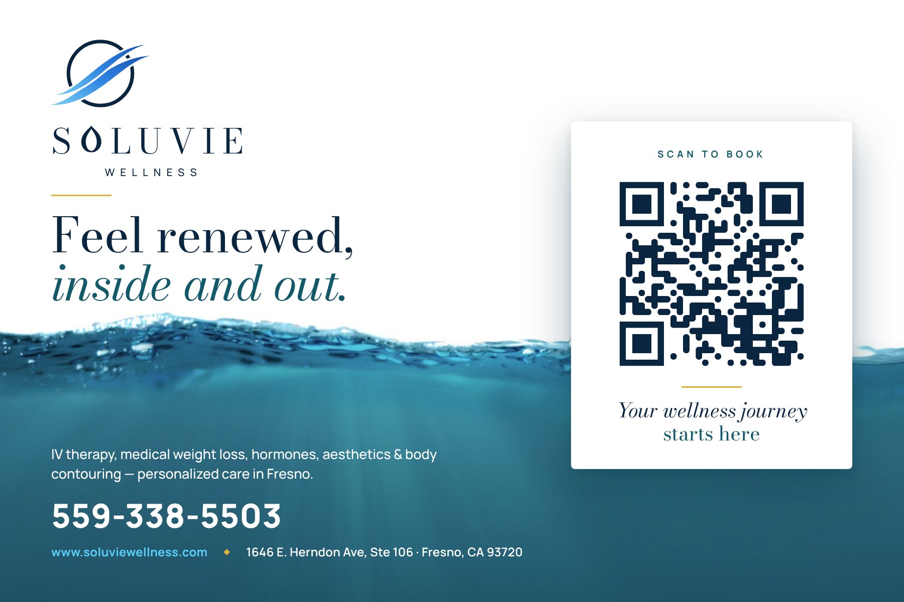 Soluvie Wellness postcard: Feel renewed, inside and out. Scan to book.